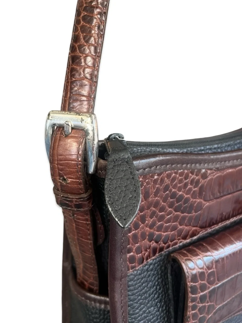 Brighton Collection Buckle Shoulder Bag Black and Tan with Croc Embossed Accents - Picture 7 of 15